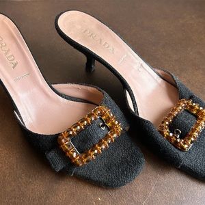 PRADA: Denim Buckled Open Toe Kitten Heel Sandals